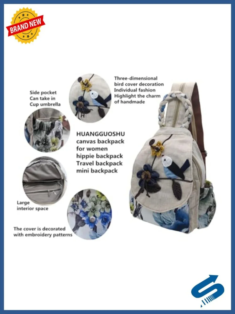 Women's Boho Cotton Hemp Backpack - 3D Embroidery, 9 Pockets